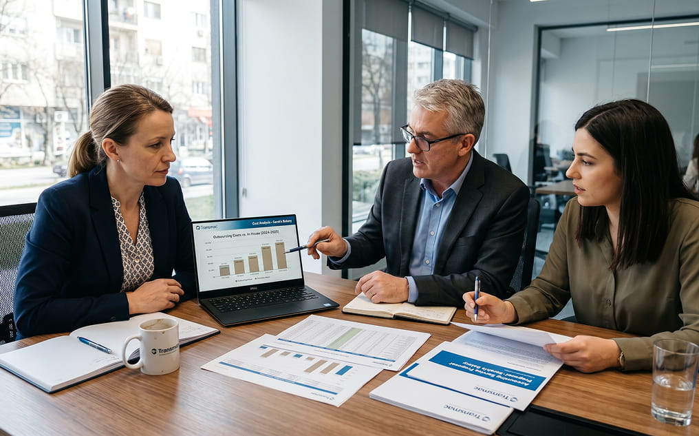 outsourced accounting meeting discussing financial reports and cost analysis