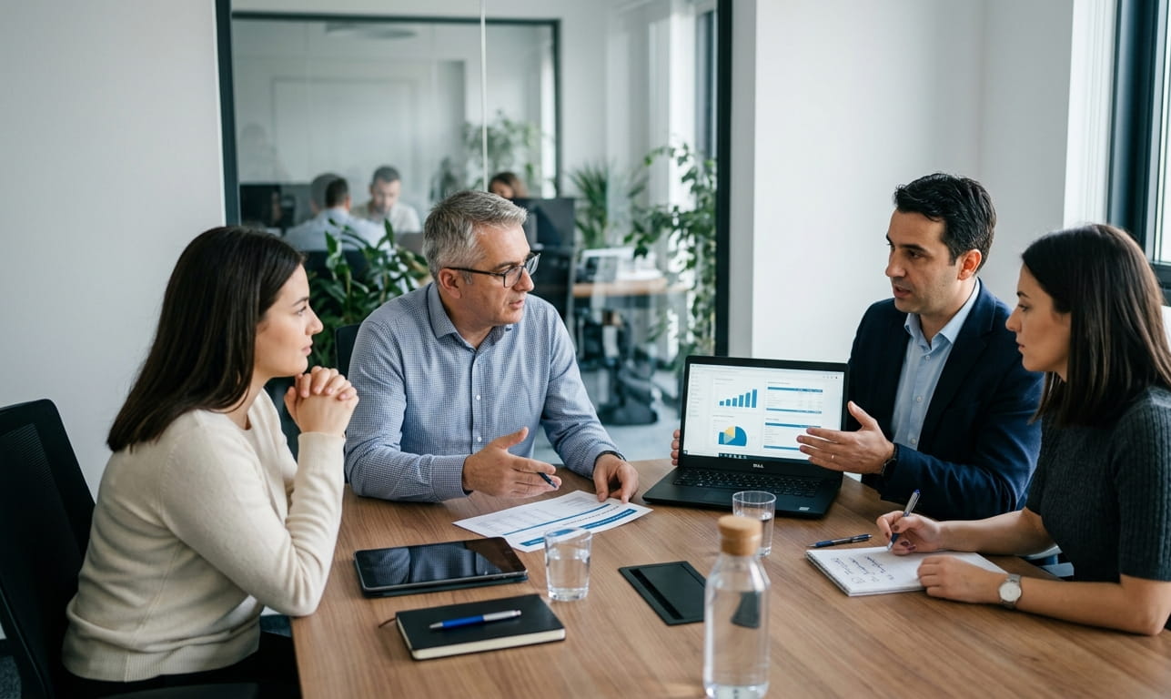 outsourced accounting meeting with financial data presentation and business reporting