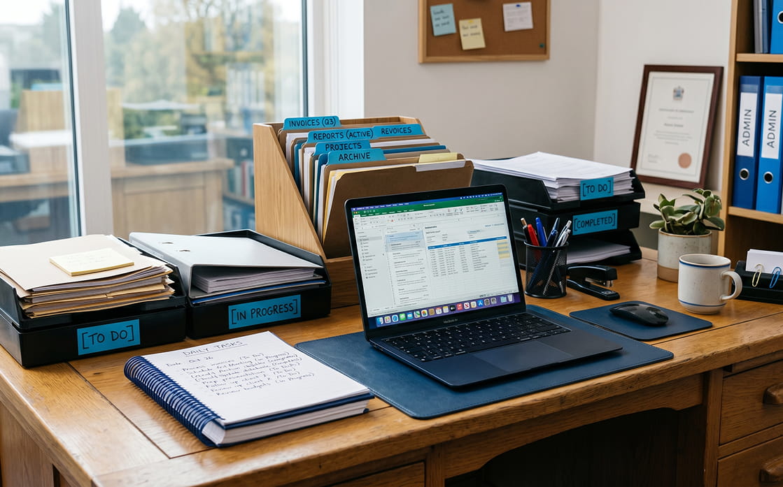 administrative support workspace with organized documents, laptop and structured business processes