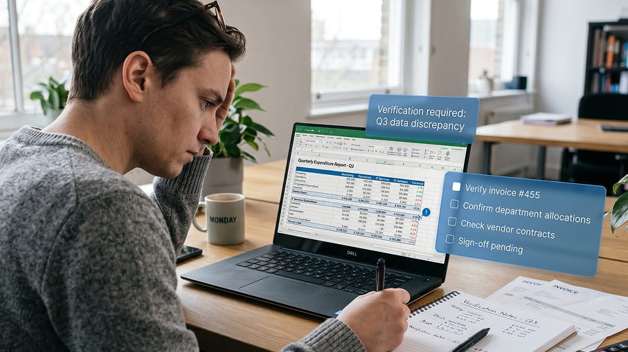 financial reports being double checked and verified in accounting workflow