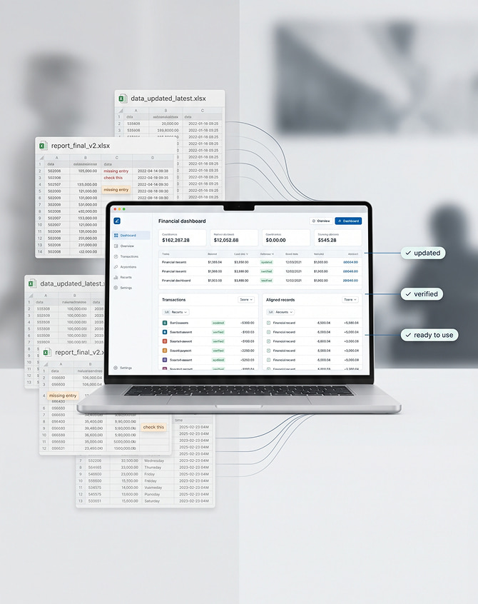 structured data entry process with aligned financial records and reporting dashboard