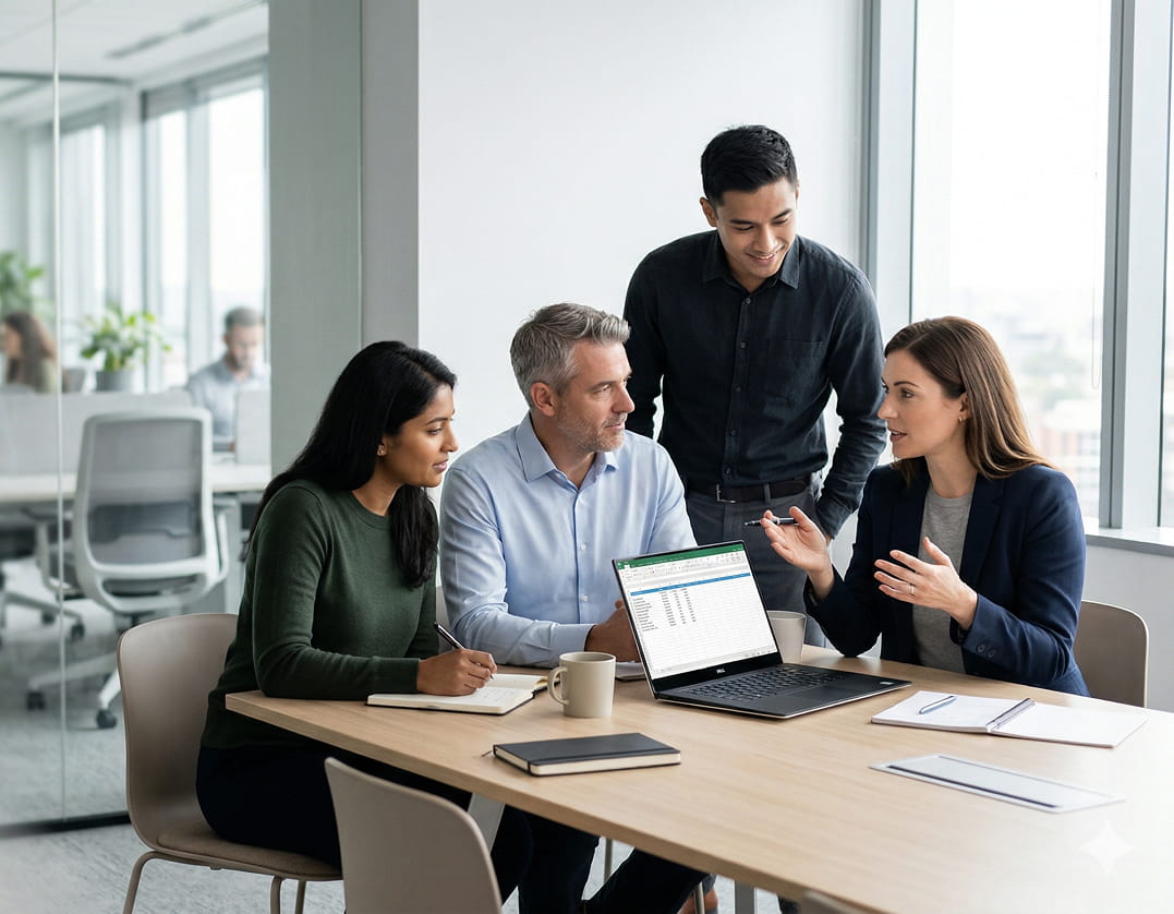 Professional team collaborating on outsourced bookkeeping services and financial data processing for UK and Belgium businesses.