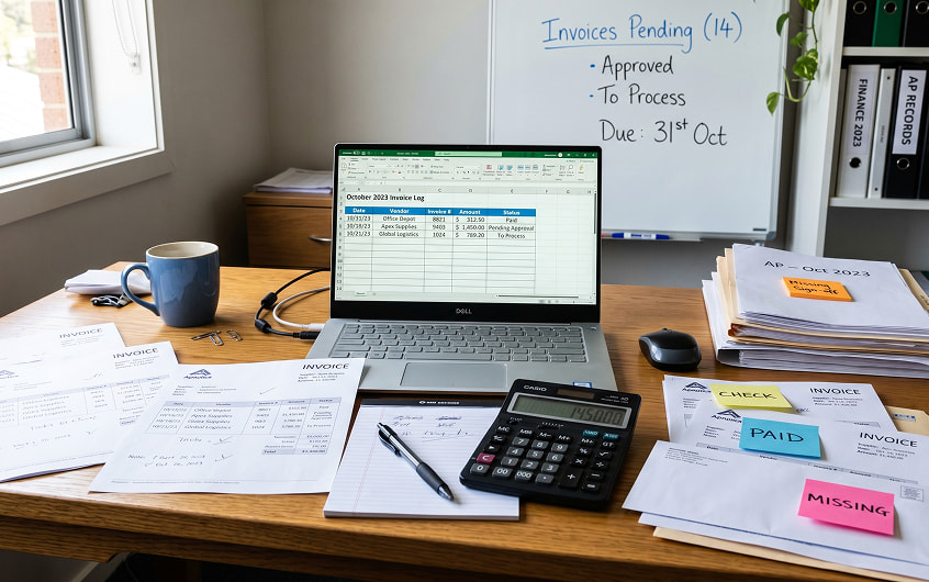 Invoice processing workspace with laptop, calculator, and invoices showing financial data ready to be processed