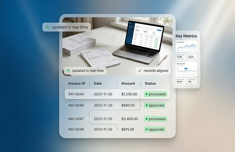 real-time invoice processing system with aligned financial records and consistent workflow