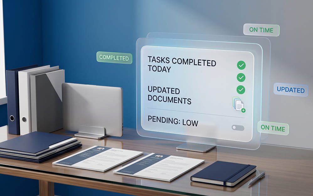 admin workflow dashboard showing completed tasks, updated documents and low pending workload