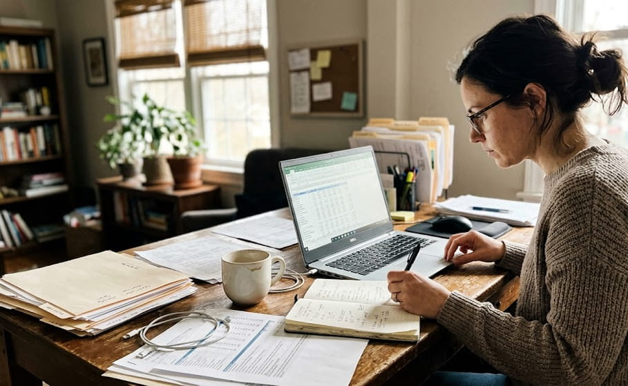 Business owner reviewing accurate financial reports on a laptop, illustrating the efficiency of outsourced bookkeeping services.
