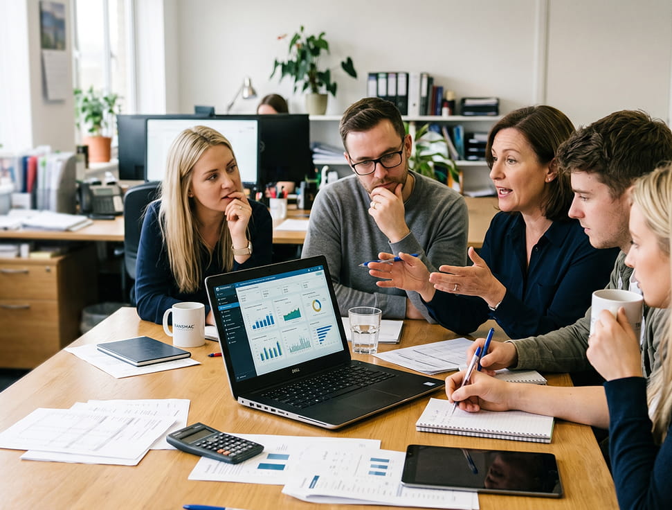 Collaborative team reviewing financial data for outsourced bookkeeping services, ensuring consistent processes for UK and Belgium businesses.